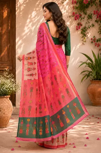 Pink green linen digital print work saree with unstitched blouse piece