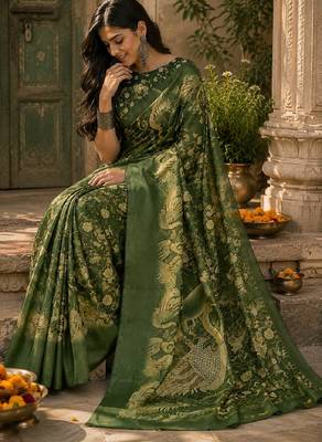 Green linen digital print work saree with unstitched blouse piece 1