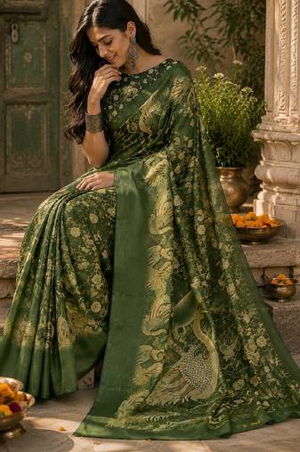 Green linen digital print work saree with unstitched blouse piece