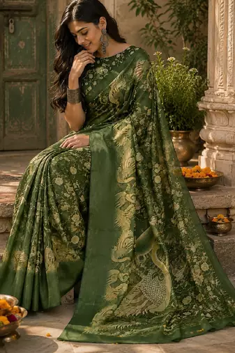 Green linen digital print work saree with unstitched blouse piece