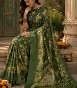 Green linen digital print work saree with unstitched blouse piece