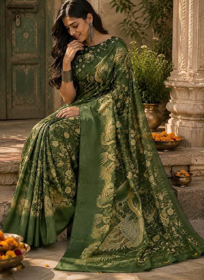 Green linen digital print work saree with unstitched blouse piece