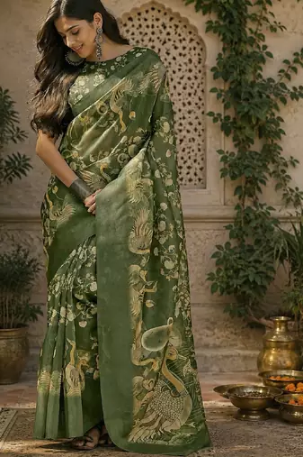 Green linen digital print work saree with unstitched blouse piece
