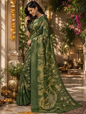 Green linen digital print work saree with unstitched blouse piece 3