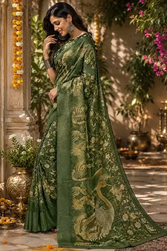 Green linen digital print work saree with unstitched blouse piece