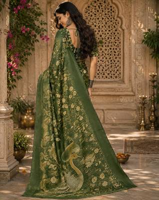 Green linen digital print work saree with unstitched blouse piece 4