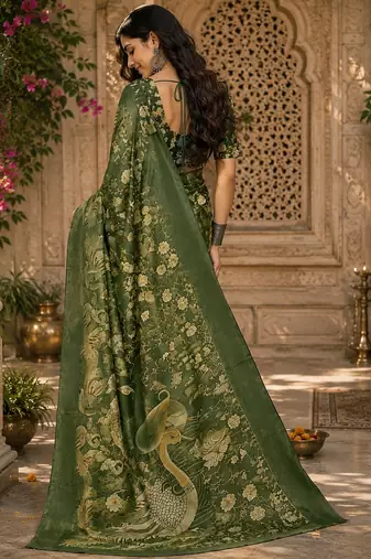 Green linen digital print work saree with unstitched blouse piece