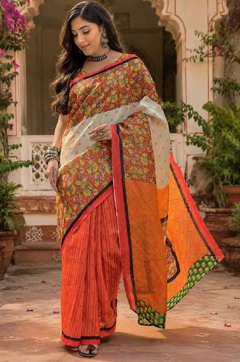 White orange linen digital print work saree with unstitched blouse piece