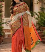 White orange linen digital print work saree with unstitched blouse piece