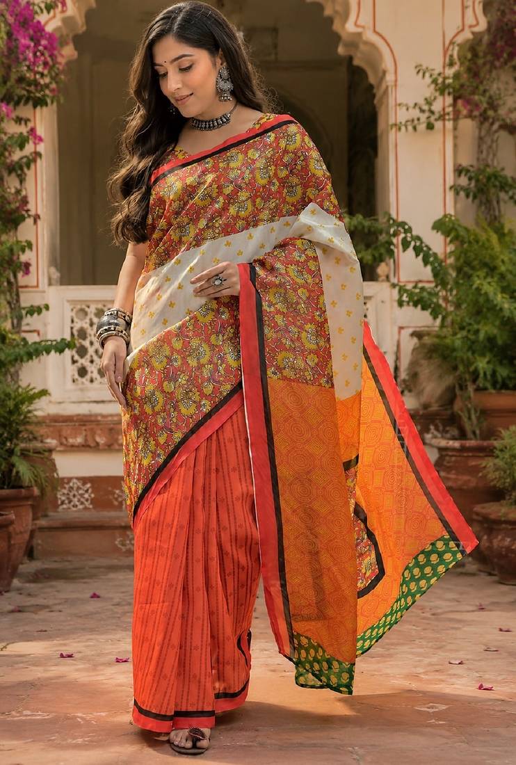White orange linen digital print work saree with unstitched blouse piece