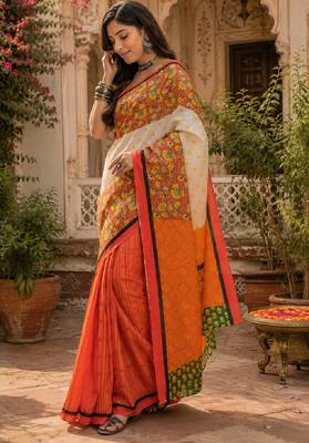 White orange linen digital print work saree with unstitched blouse piece 2