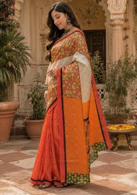 White orange linen digital print work saree with unstitched blouse piece 3
