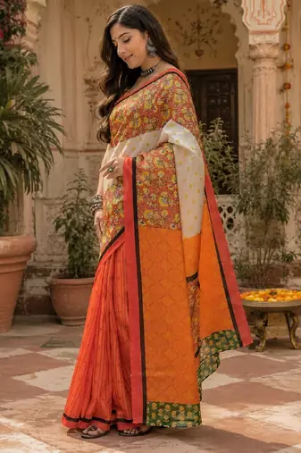 White orange linen digital print work saree with unstitched blouse piece