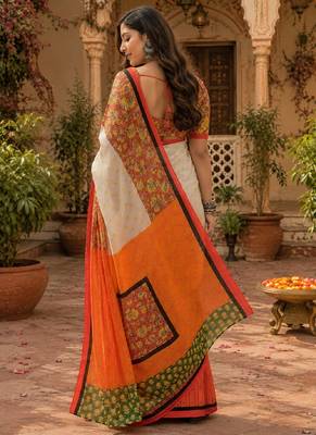 White orange linen digital print work saree with unstitched blouse piece 4