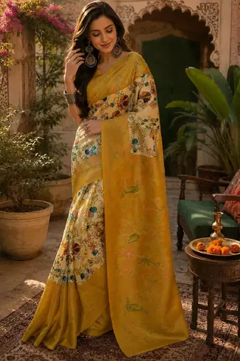 Off white yellow linen digital print work saree with unstitched blouse piece