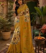 Off white yellow linen digital print work saree with unstitched blouse piece