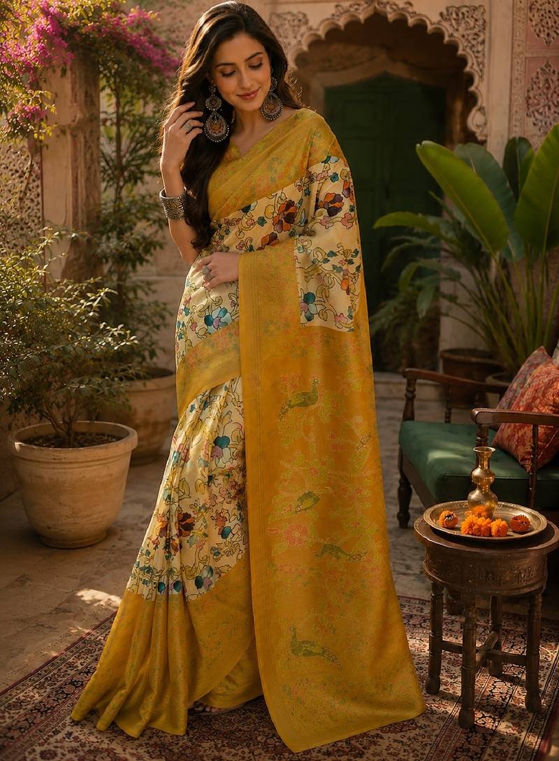 Off white yellow linen digital print work saree with unstitched blouse piece
