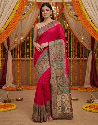 Pink viscose silk position print saree with contrast blouse piece 1