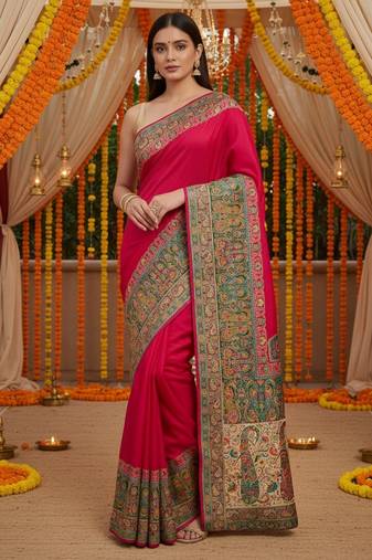 Pink viscose silk position print saree with contrast blouse piece