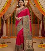 Pink viscose silk position print saree with contrast blouse piece