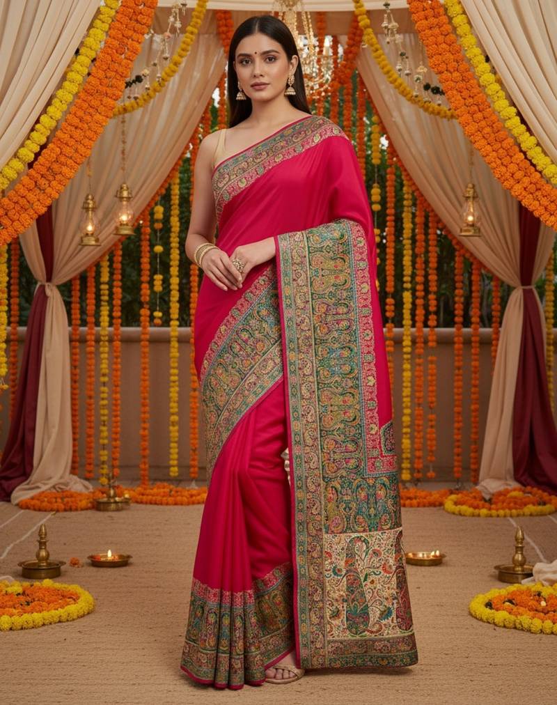 Pink viscose silk position print saree with contrast blouse piece