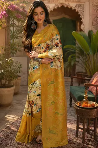Off white yellow linen digital print work saree with unstitched blouse piece