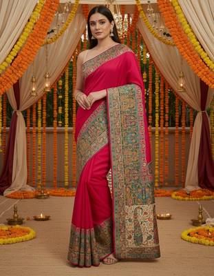 Pink viscose silk position print saree with contrast blouse piece 2