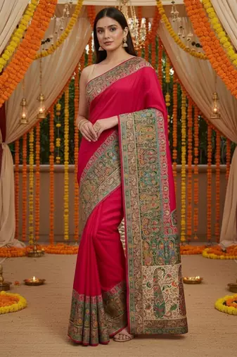 Pink viscose silk position print saree with contrast blouse piece