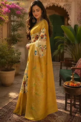 Off white yellow linen digital print work saree with unstitched blouse piece