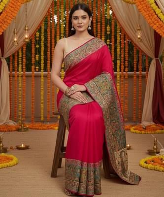 Pink viscose silk position print saree with contrast blouse piece 3
