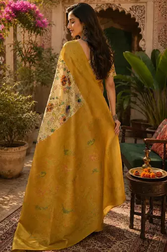 Off white yellow linen digital print work saree with unstitched blouse piece