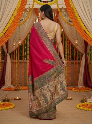 Pink viscose silk position print saree with contrast blouse piece 4