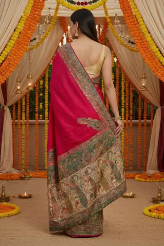 Pink viscose silk position print saree with contrast blouse piece