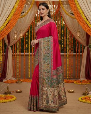 Pink viscose silk position print saree with contrast blouse piece 5