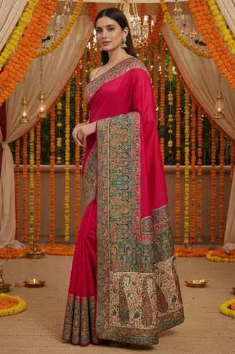 Pink viscose silk position print saree with contrast blouse piece