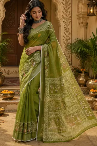 Mehendi linen digital print work saree with unstitched blouse piece