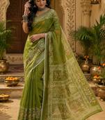 Mehendi linen digital print work saree with unstitched blouse piece