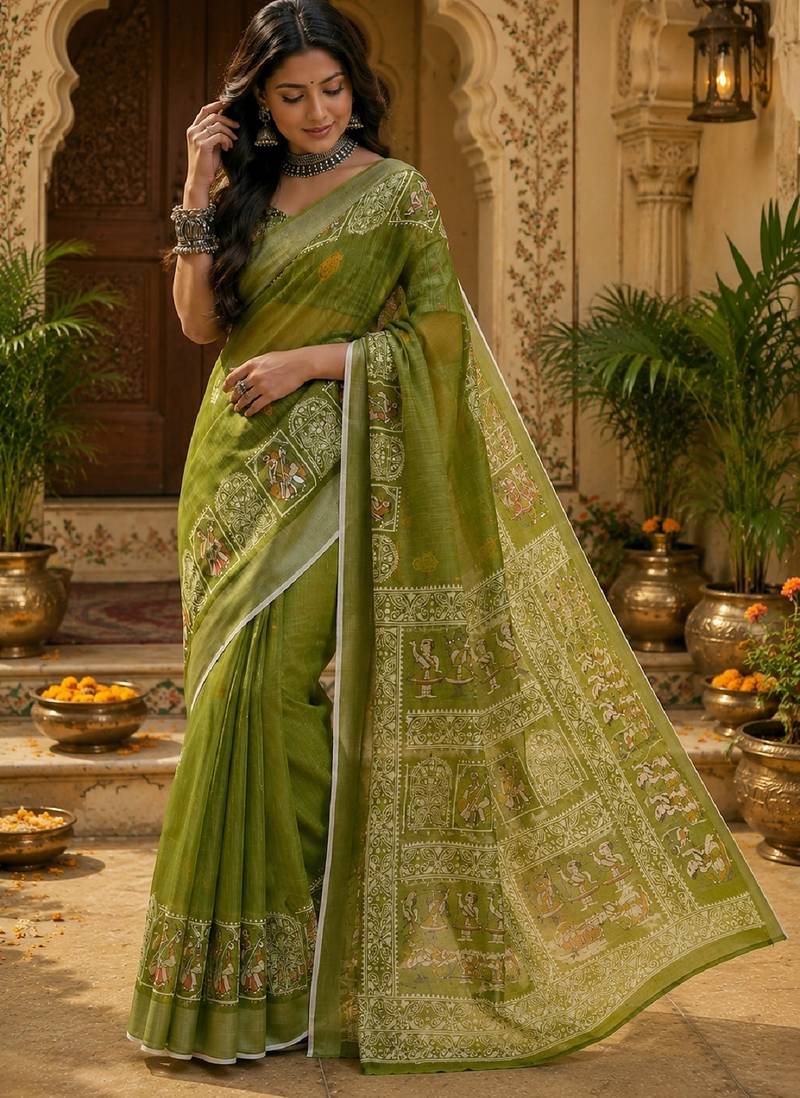 Mehendi linen digital print work saree with unstitched blouse piece