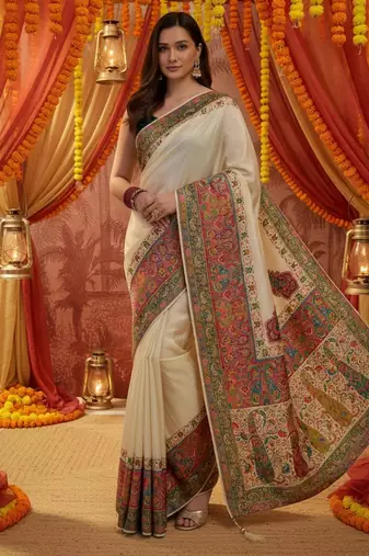 Off white viscose silk position print saree with contrast blouse piece