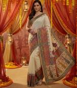 Off white viscose silk position print saree with contrast blouse piece