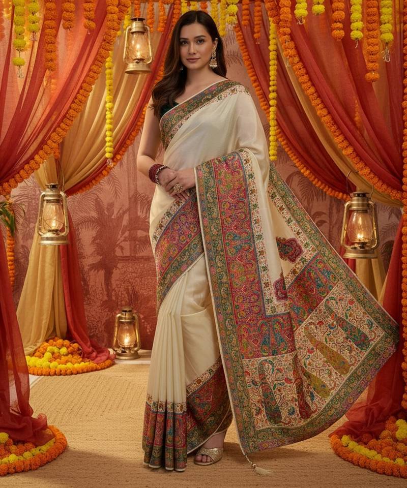 Off white viscose silk position print saree with contrast blouse piece