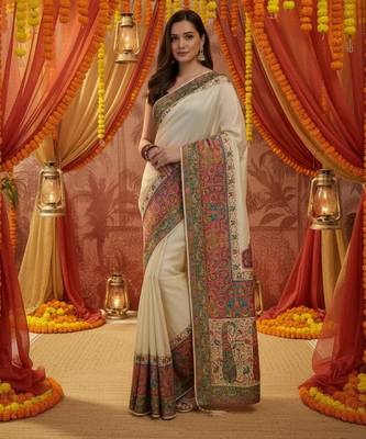 Off white viscose silk position print saree with contrast blouse piece 2