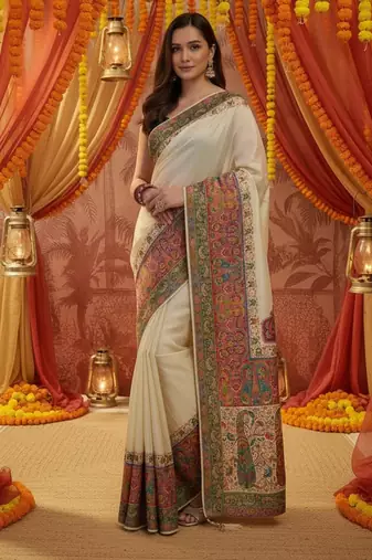 Off white viscose silk position print saree with contrast blouse piece