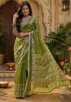 Mehendi linen digital print work saree with unstitched blouse piece 2