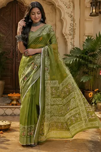 Mehendi linen digital print work saree with unstitched blouse piece