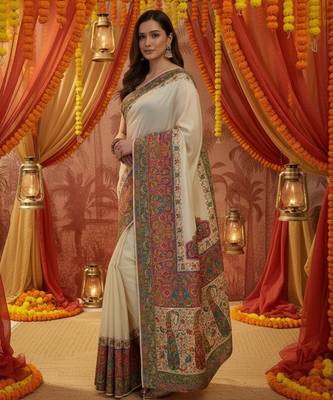 Off white viscose silk position print saree with contrast blouse piece 3