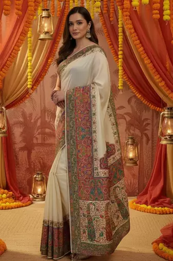 Off white viscose silk position print saree with contrast blouse piece