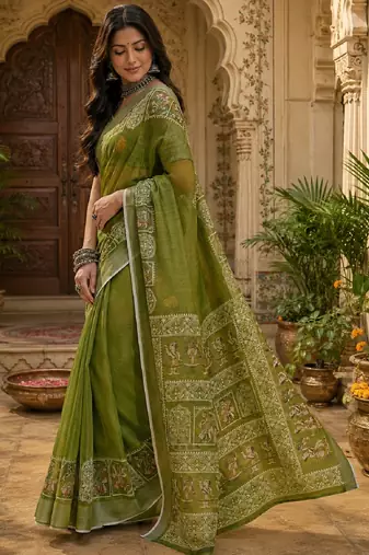 Mehendi linen digital print work saree with unstitched blouse piece
