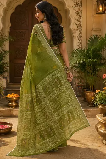 Mehendi linen digital print work saree with unstitched blouse piece