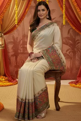Off white viscose silk position print saree with contrast blouse piece